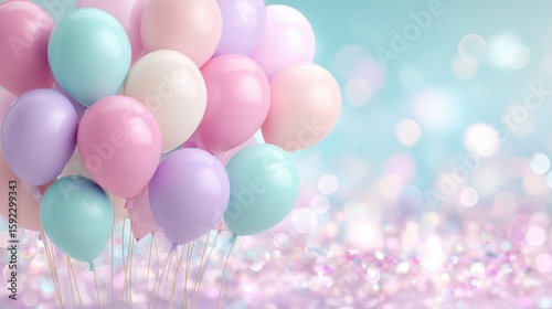 Balloons in pastel colors floating against a shimmering background create a festive atmosphere for celebrations or events