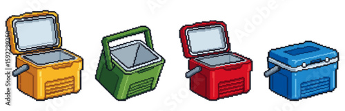 Four colorful portable coolers in various open and closed positions, showcasing different styles and sizes.