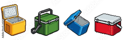 Four colorful cooler illustrations, each in a different color, with lids open or closed.