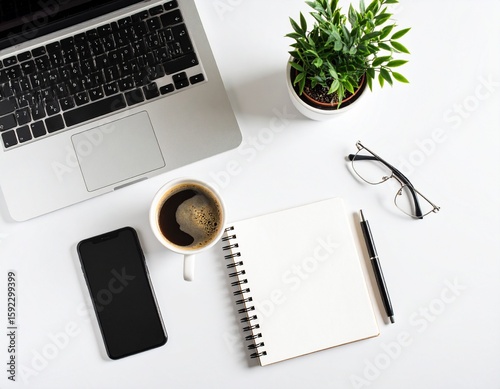 Flat Lay Workspace with Laptop, Smartphone, Coffee Mug, Notepad, and Plant on White Desk