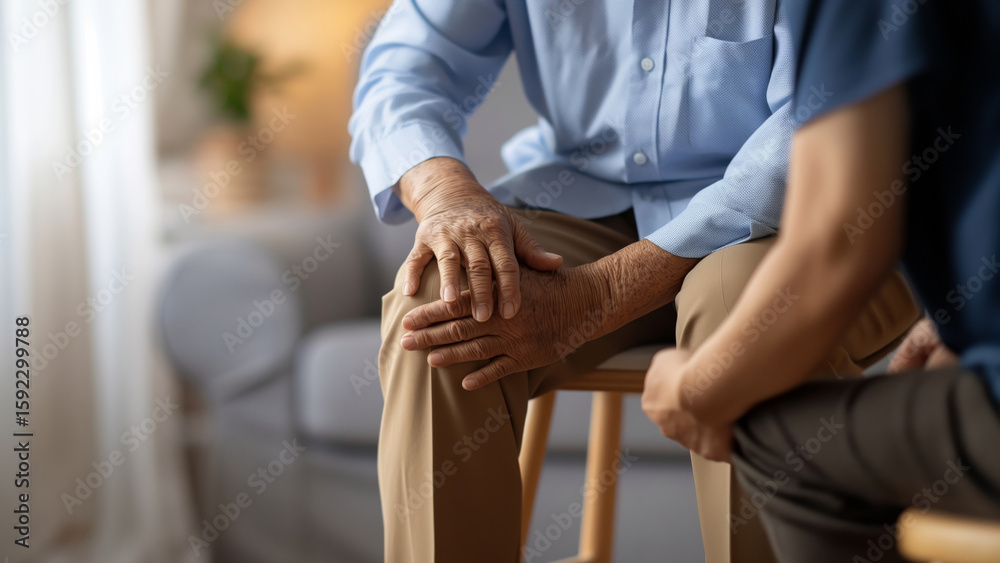 Obraz premium Elderly man touching his painful knee while sitting. Concept of joint pain, arthritis, or rehabilitation. Senior healthcare and aging symptoms.