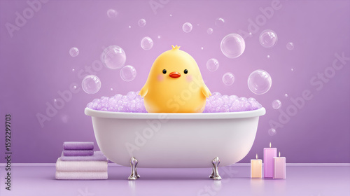 A cute 3D cartoon duckling blowing bubbles in a bathtub, perfect for playful imagery.