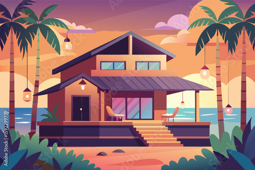 Tropical beach house paradise with palm trees and ocean view