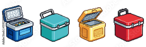 Four colorful isometric coolers, some open, some closed, with handles.
