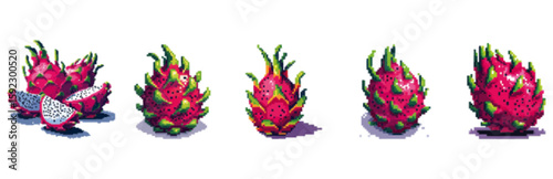 A vibrant collection of dragon fruits, showcasing whole and sliced specimens, highlighting their pink flesh and green scales.