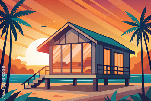 Tropical beach bungalow at sunset with palm trees
