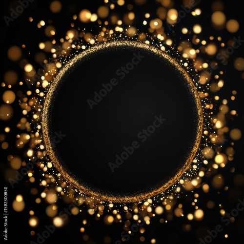 Golden particles create a sparkling circular frame against a black background for festive celebrations and artistic designs