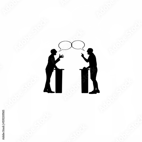 Silhouette of two people having heated political discussion on white background