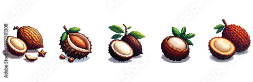 Illustration of five different arrangements of exotic fruits, some whole and some cut open.