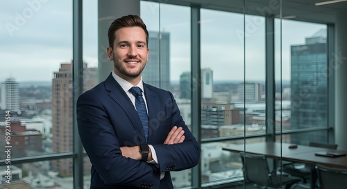 Confident businessman smiles  arms crossed  cityscape backdrop.