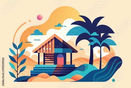 Tropical beach hut with palm trees and sunset