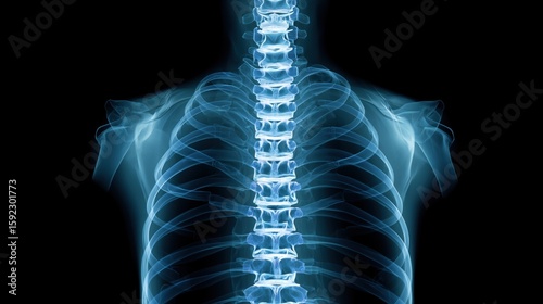 Spinal structure displayed in detailed x-ray highlighting vertebrae and rib cage anatomy