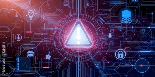 Glowing warning sign in a digital circuit board with various tech icons around