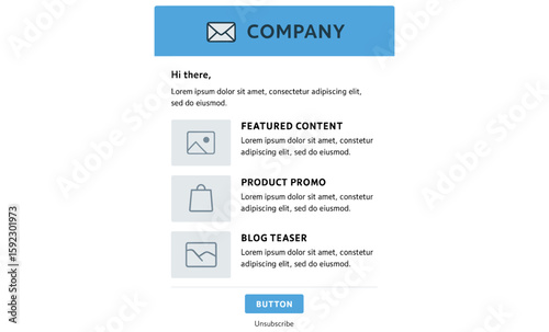 Clean email newsletter template with featured content, product promo, and blog teaser sections