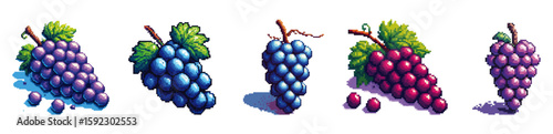 Five bunches of grapes, varying in color, with leaves and stems.