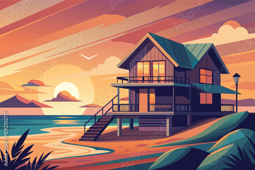 Beachfront cabin at sunset with ocean view