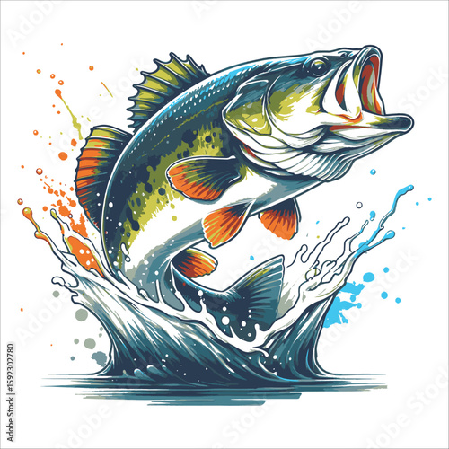 Largemouth Bass Leaping from Water with Splatters