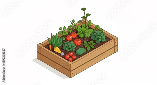 A wooden crate filled with a variety of vegetables and plants on a white background illustration