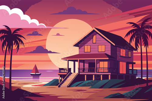 Tropical beach house sunset with palm trees and sailboat