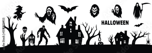 halloween ghosts set line art silhouette vector illustration. Demon silhouettes set, evil pack of vector silhouette design. set of halloween icon silhouette vector. eps 10