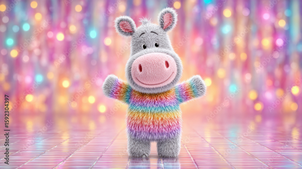 Fototapeta premium A vibrant 3D illustration of a dancing rhino with disco lights, perfect for playful designs.