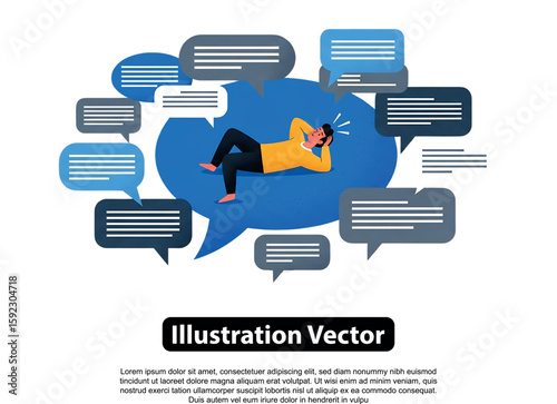 A stressed person lying in a speech bubble surrounded by many other thought bubbles.