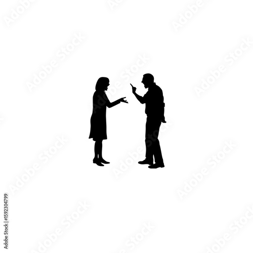 Silhouette of two people holding hands while arguing on white background