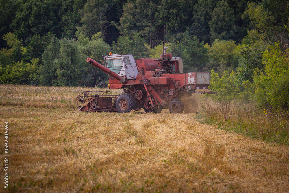 Fototapeta premium A Soviet combine harvester is working in the field