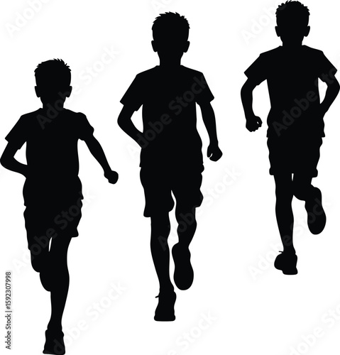 Silhouette vector of a group of boys running front view, isolated on a transparent background.