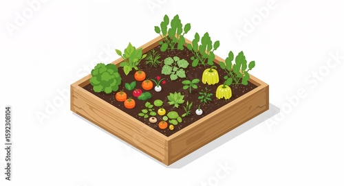 Isometric view of a raised garden bed with various vegetables and plants on a white background