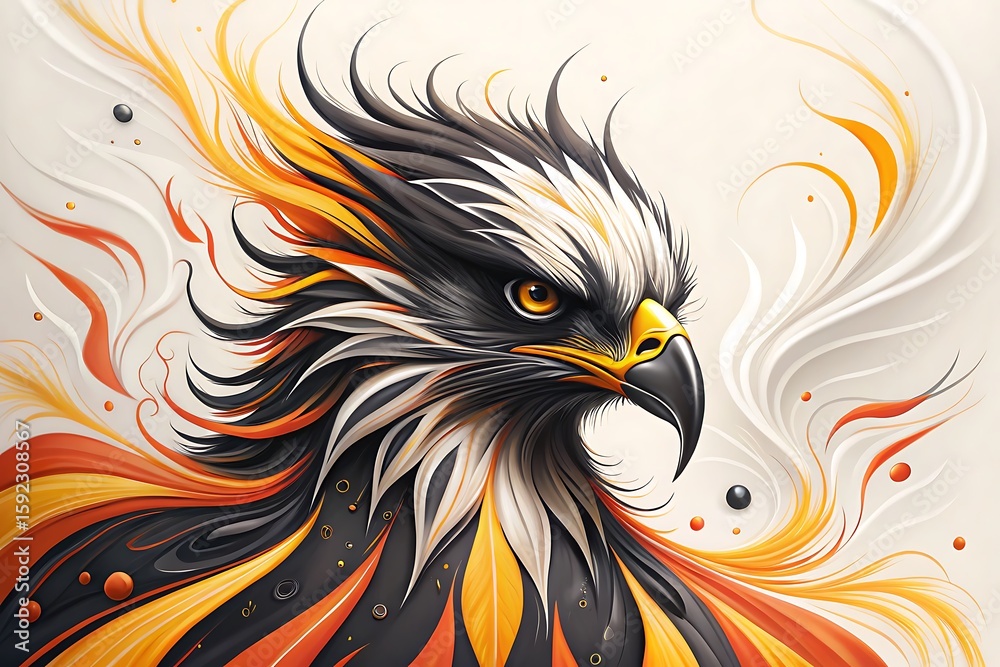 Fototapeta premium Majestic eagle displays stylized plumage with black, white, and orange accents over a light background