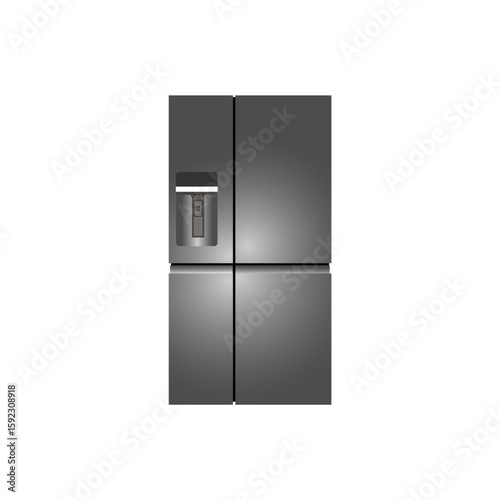 Modern white kitchen refrigerator with steel handle and open door, a 3D rendered household cold appliance for food storage