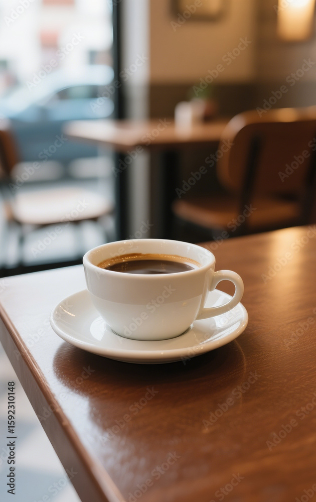 Fototapeta premium A warm cup of coffee on a wooden table, perfect for a relaxing moment in a cozy café.