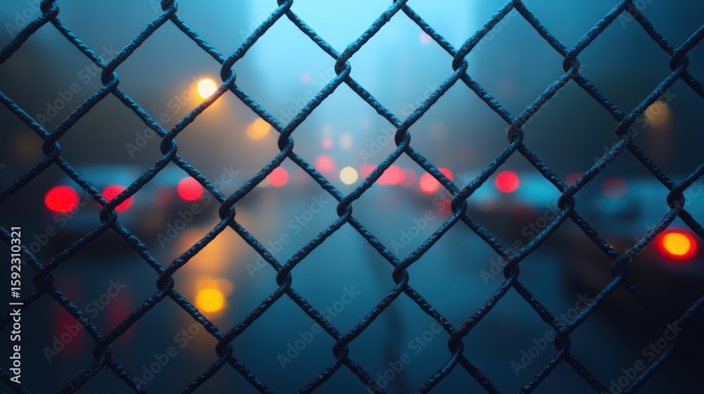 Fototapeta premium City street at night, seen through a chain-link fence