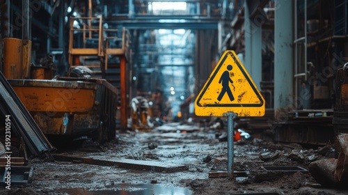 Wallpaper Mural Pedestrian warning sign in a muddy industrial setting with heavy machinery and debris. Torontodigital.ca