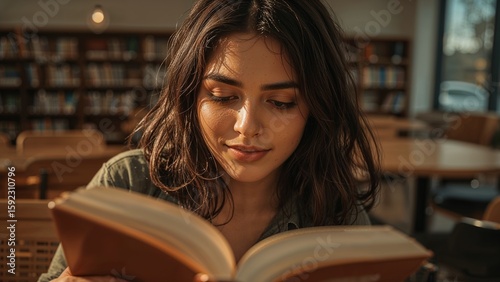 A young woman reading a book in a library with bookshelves in the background and natural light coming in