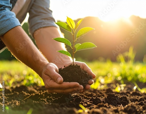 Young Person Planting Tree Outdoors, Eco-Friendly Concept with Sunshine and Community