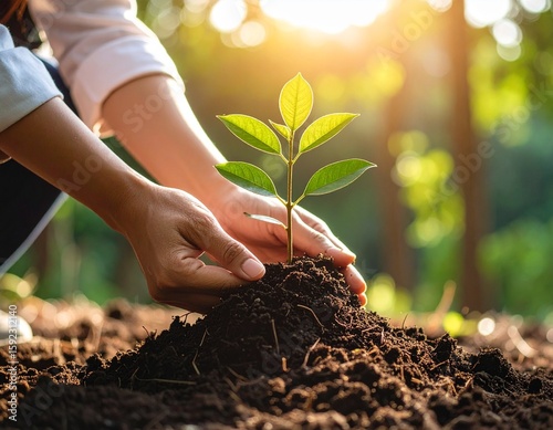 Young Person Planting Tree Outdoors, Eco-Friendly Concept with Sunshine and Community