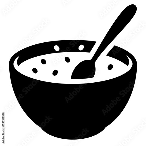 Oatmeal porridge in black bowl with spoon food vector icon on white background.