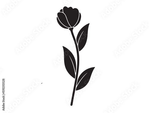 Minimalist silhouette of a single flower with a curved stem and two leaves, elegant black vector