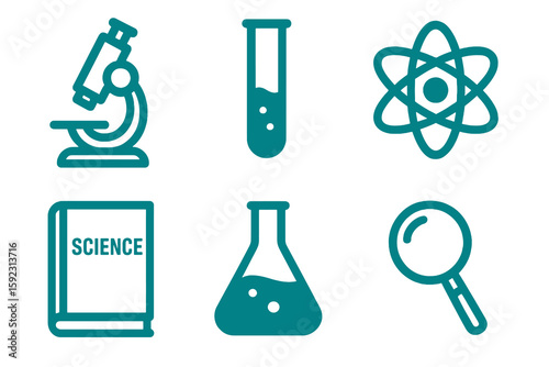 Flat teal science icons: book, magnifier, atom, lab. Transparent background, education style.