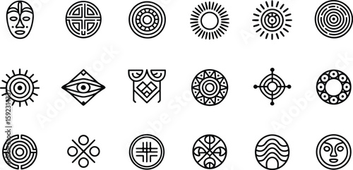 Collection of african tribal symbols and masks in silhouette