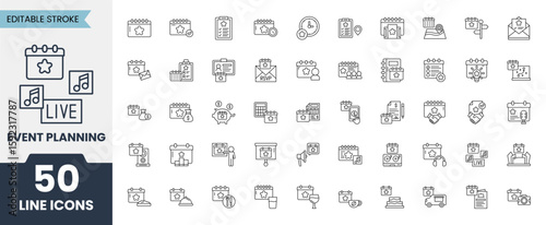 Event planning line icon set. Containing venue, event planner, registration, entertainment, invitations, celebration, coordination and more. Vector illustration