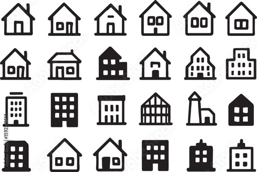 Collection of black and white house and building icons