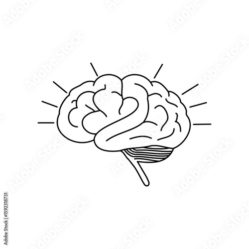 Simplified line art of human brain with radial connection rays. Modern vector for neuroscience and tech.