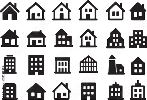Collection of black house and building icons home architecture