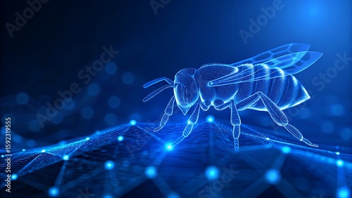 Blue digital wireframe honeybee rests atop glowing network in a futuristic scene
