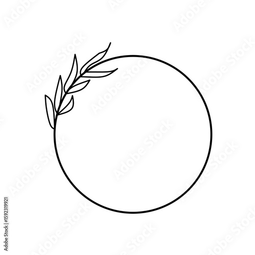 Minimalist circle frame with simple leafy accent. Clean botanical line art, perfect for logos, invitations, labels, and nature-themed designs.