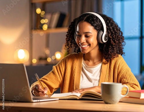 Teen or College Student Attending Online Class with Laptop and Headphones