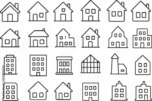 Collection of black outline house and building icons
